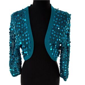 Cejon Crocheted Sequin Bolero Jacket Shrug Cardigan Sweater Teal Blue Size Large